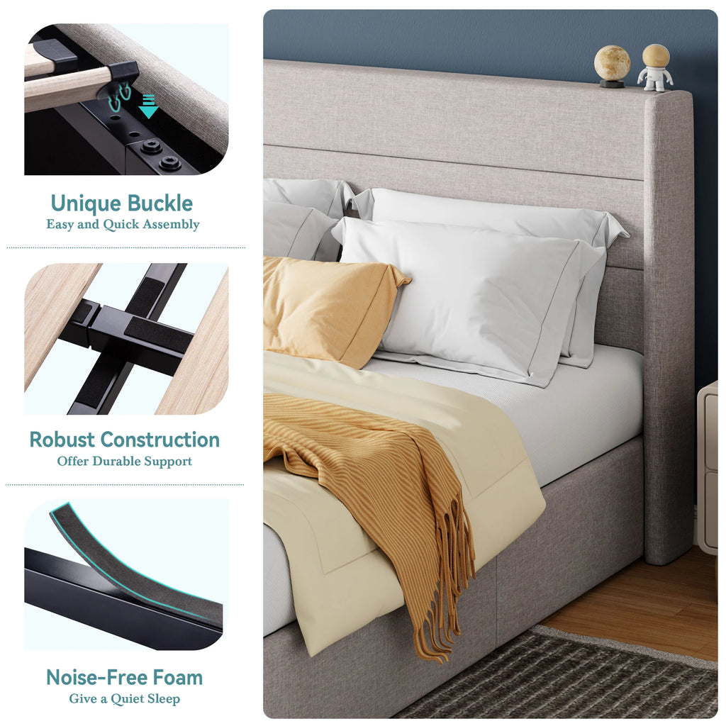 Lift Up Storage Bed with Wingback Headboard Large Underneath Storage
