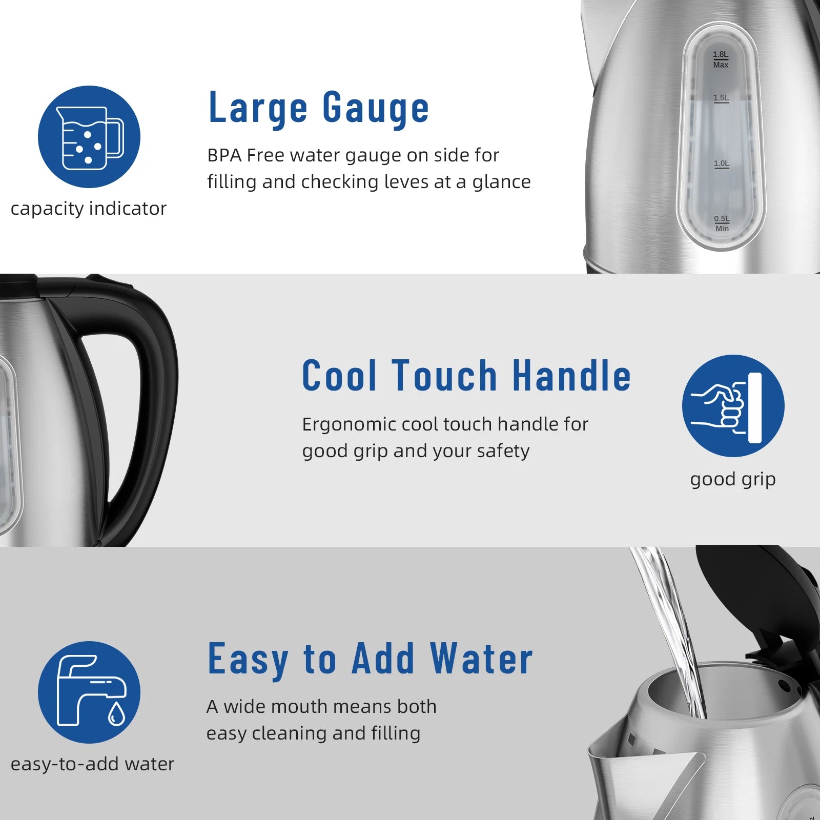 Stainless Steel Electric Kettle, 1.8 Liter Tea Kettle  Fast Boil with LED Light, Auto Shut-Off