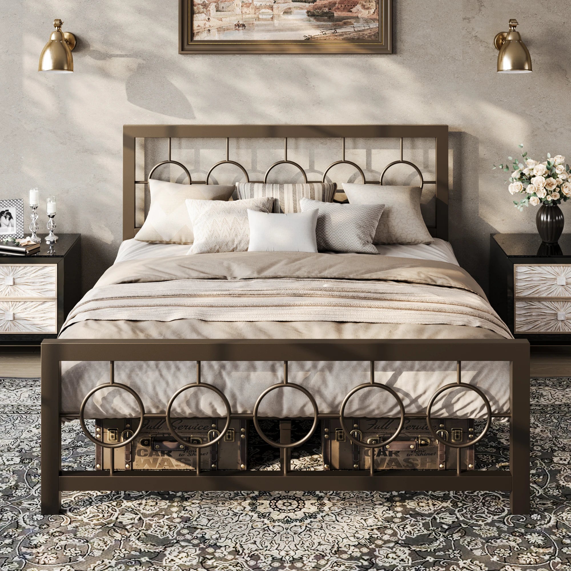 Metal Platform Bed Frame with Vintage Circular Design Headboard and Footboard,  Extra Under-Bed Storage