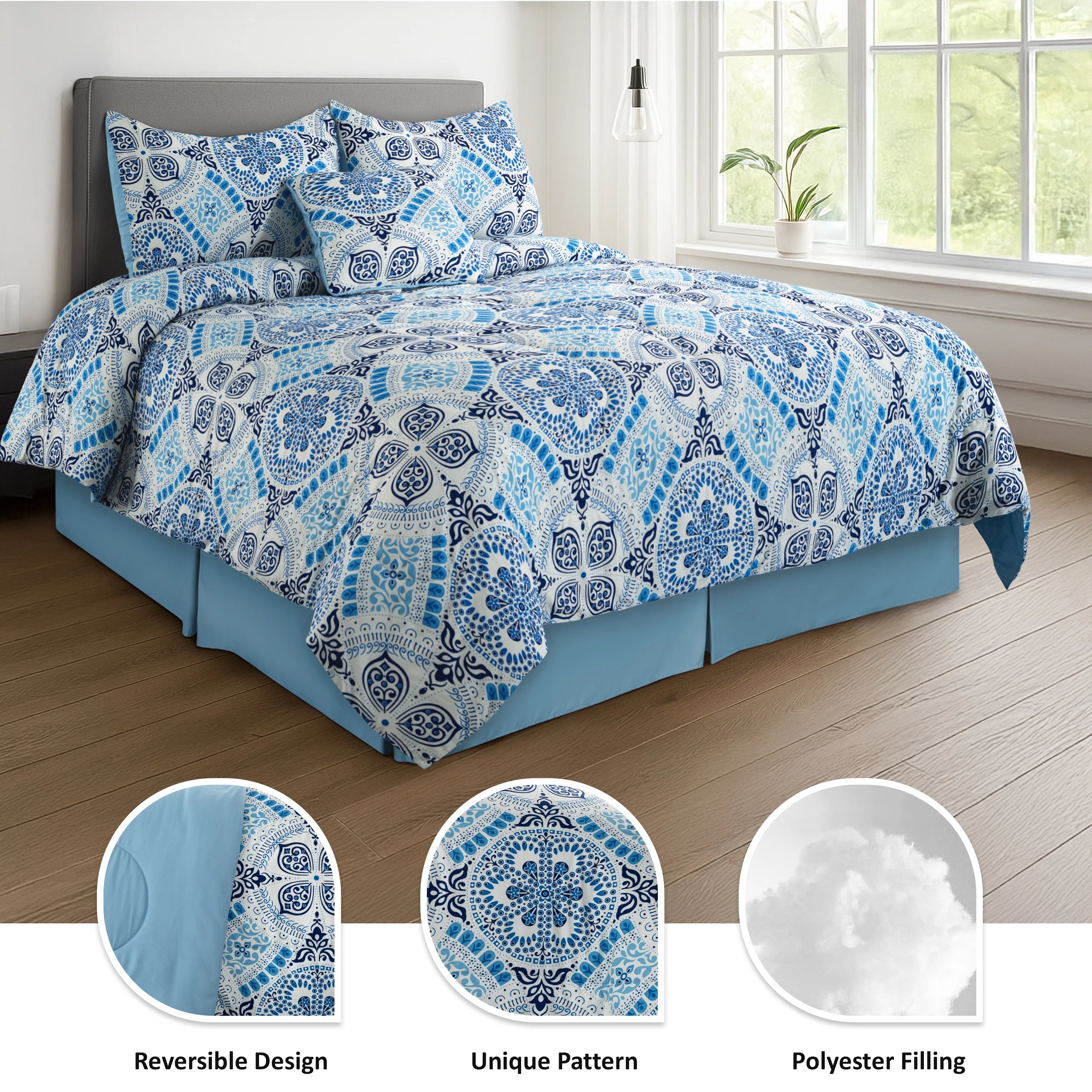 LUX Reversible 5pc Comforter Set, Microfiber Bed in a Bag, Includes 1 Comforter, 2 Pillow Shams