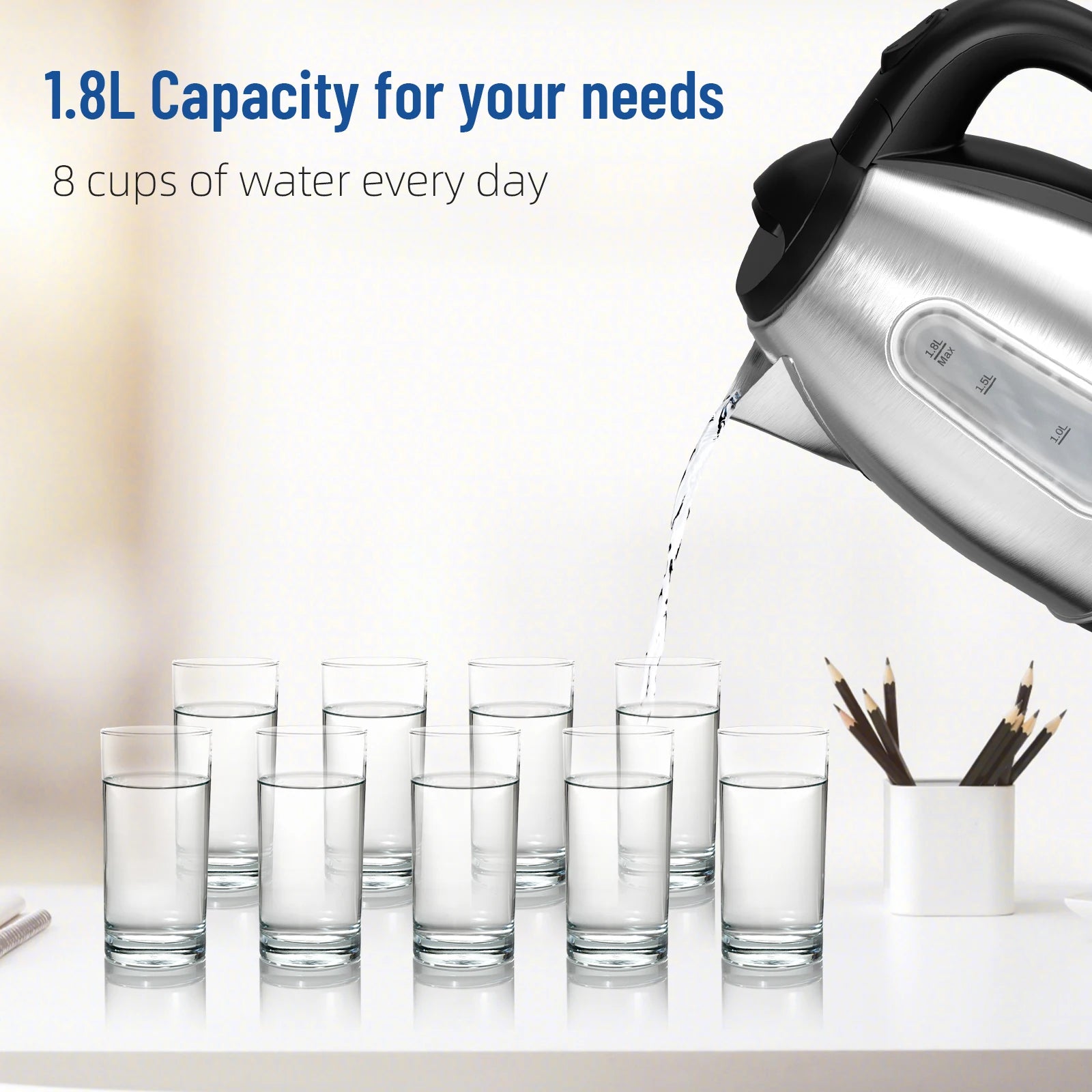 Stainless Steel Electric Kettle, 1.8 Liter Tea Kettle  Fast Boil with LED Light, Auto Shut-Off