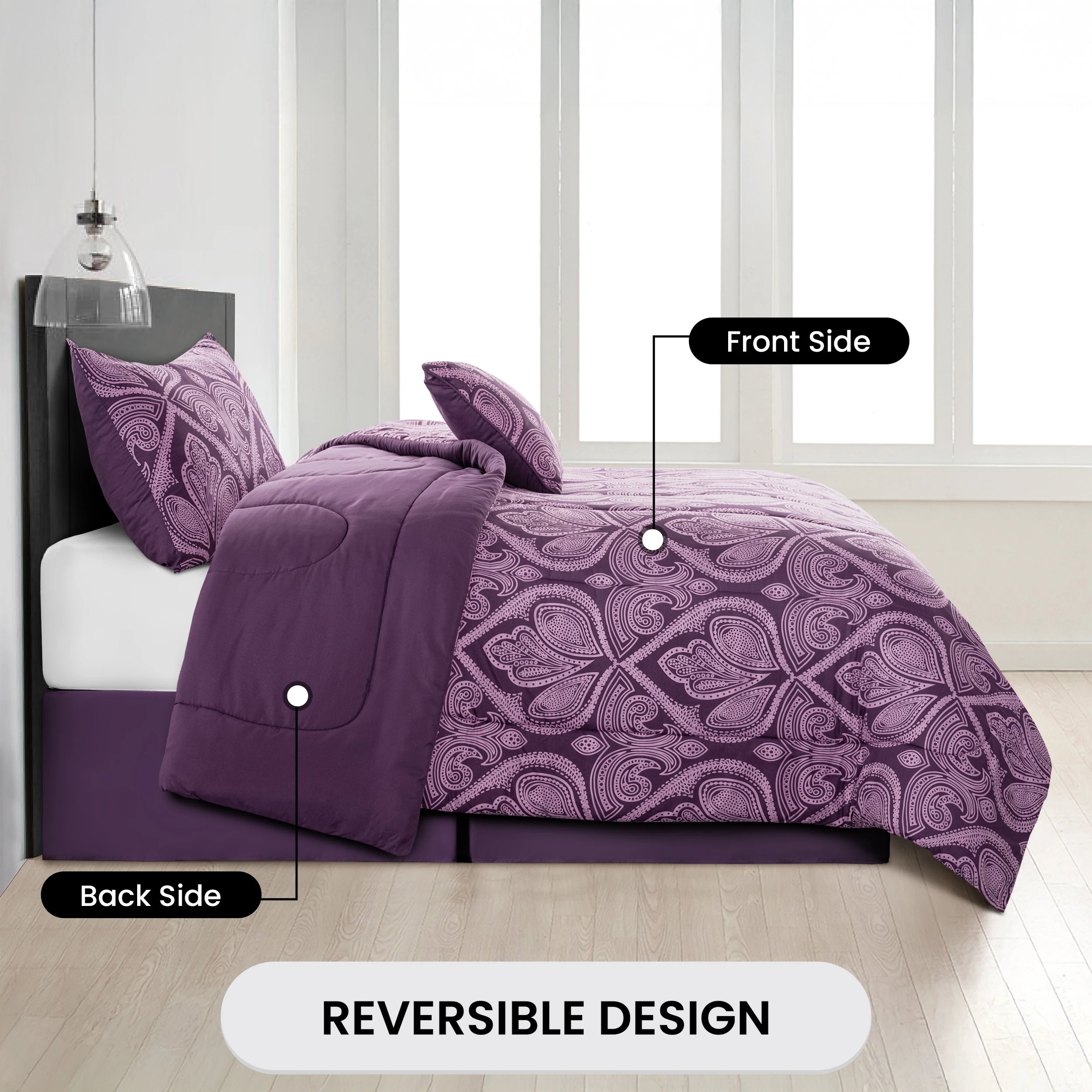 LUX Reversible 5pc Comforter Set, Microfiber Bed in a Bag, Includes 1 Comforter, 2 Pillow Shams