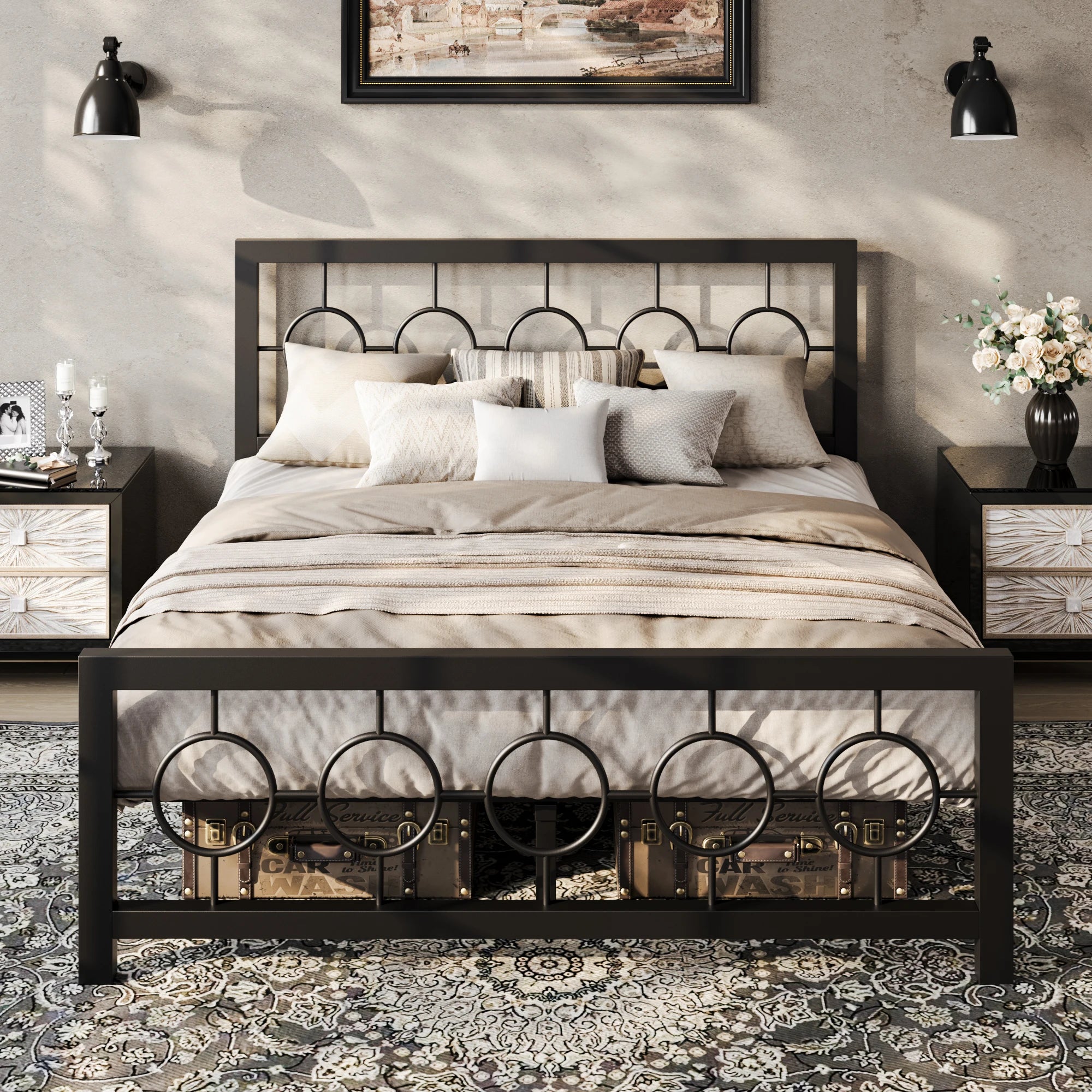 Metal Platform Bed Frame with Vintage Circular Design Headboard and Footboard,  Extra Under-Bed Storage