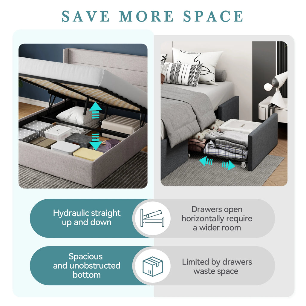 Lift Up Storage Bed with Wingback Headboard Large Underneath Storage