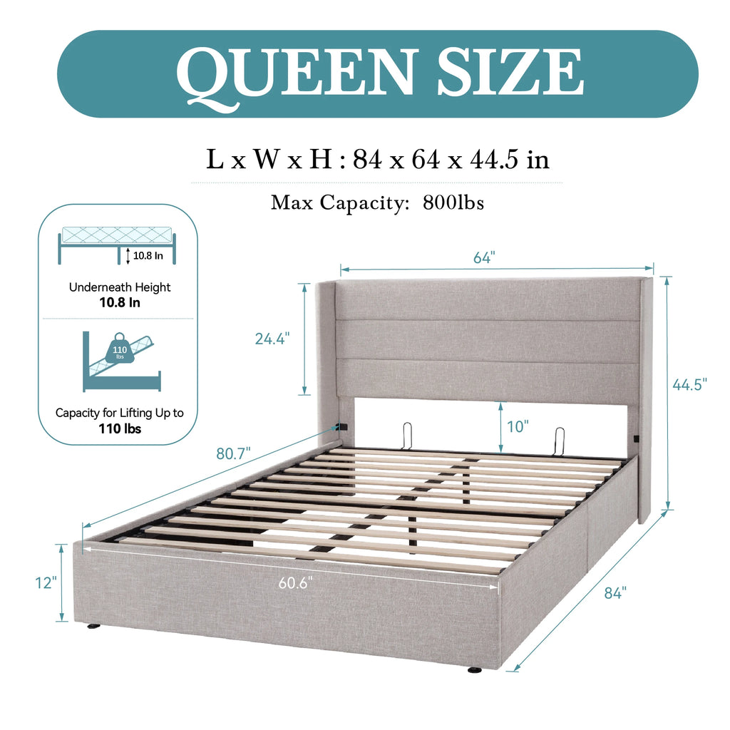 Lift Up Storage Bed with Wingback Headboard Large Underneath Storage