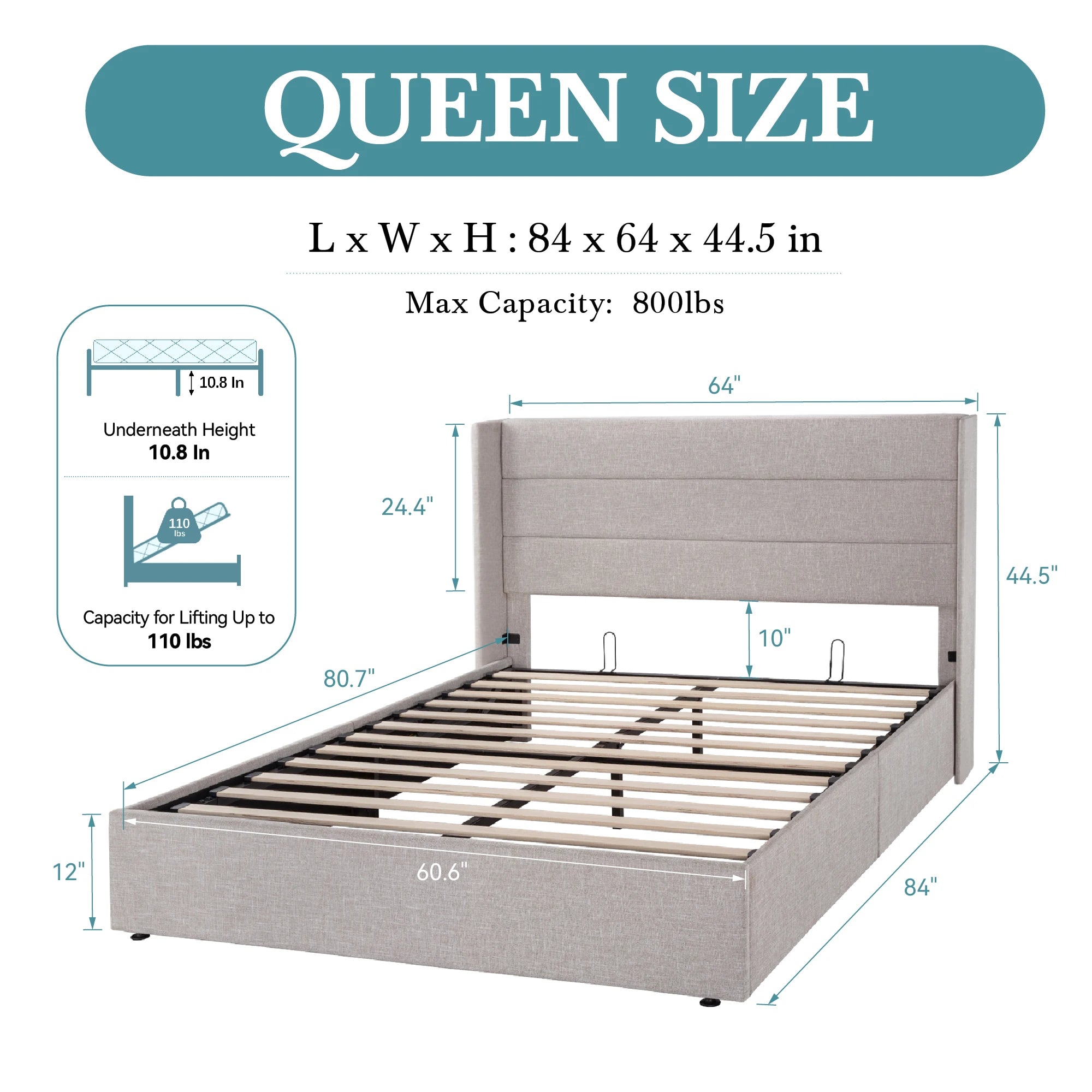 Lift Up Storage Bed with Wingback Headboard Large Underneath Storage