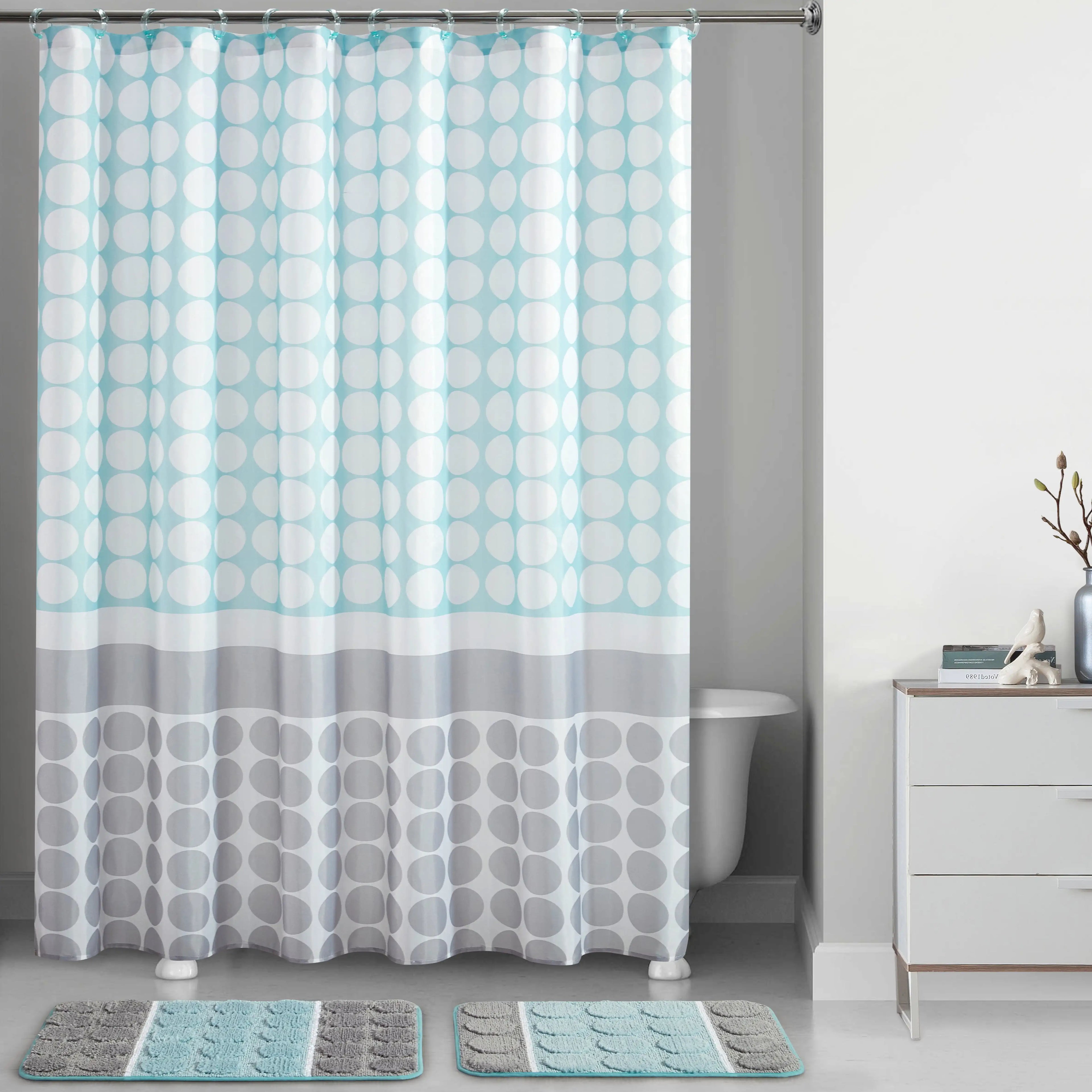 15-piece blue track print shower curtain set， shower curtain ， shower curtains ， shower curtain set