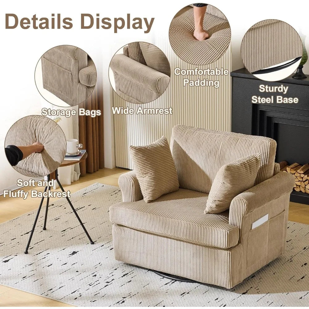 Swivel Oversized Seat Armchair W/2 Pillows and 4 Pockets