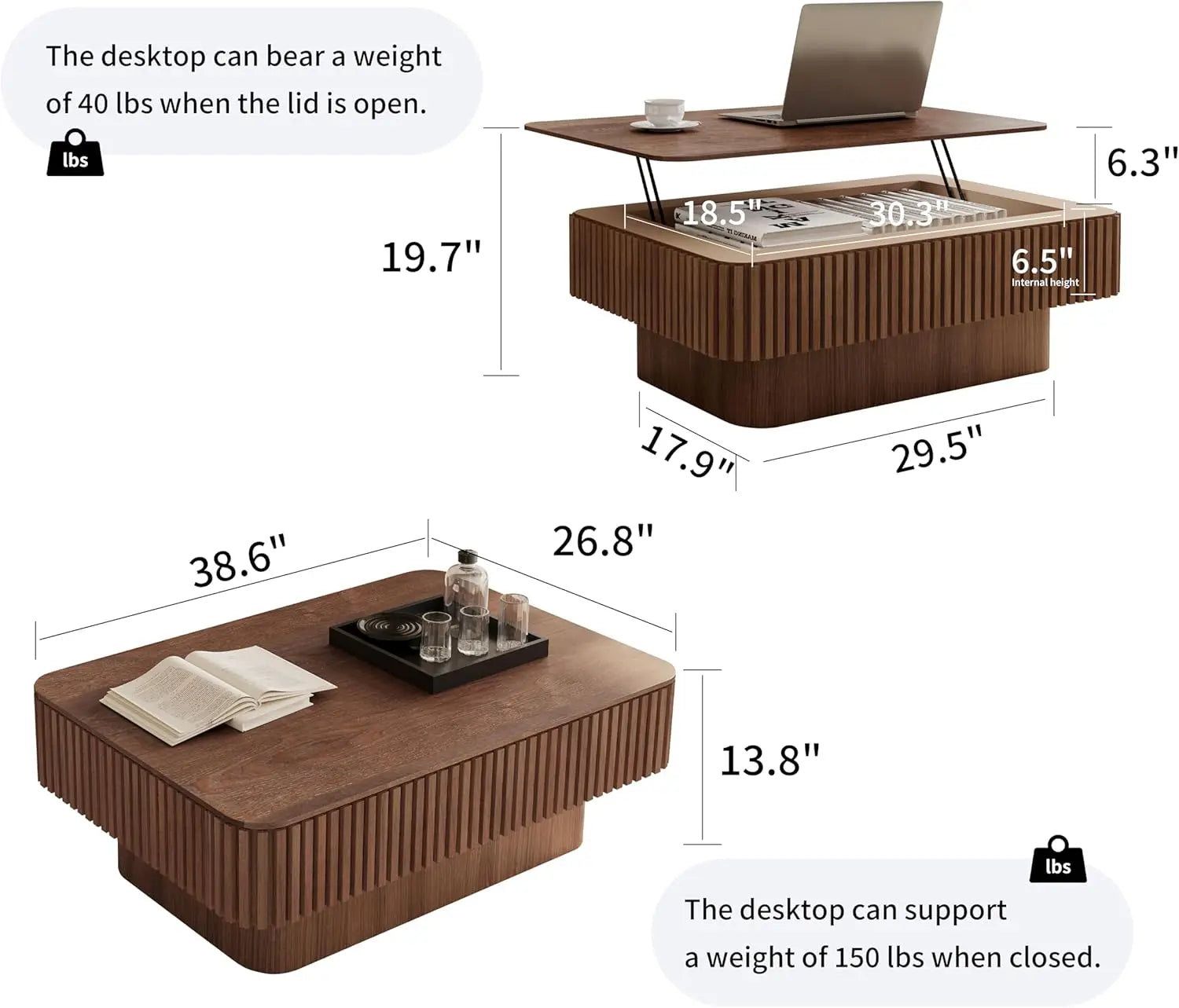Modern Lift Top Coffee Table with Storage, Walnut Wood Fluted Design for Living Room Office