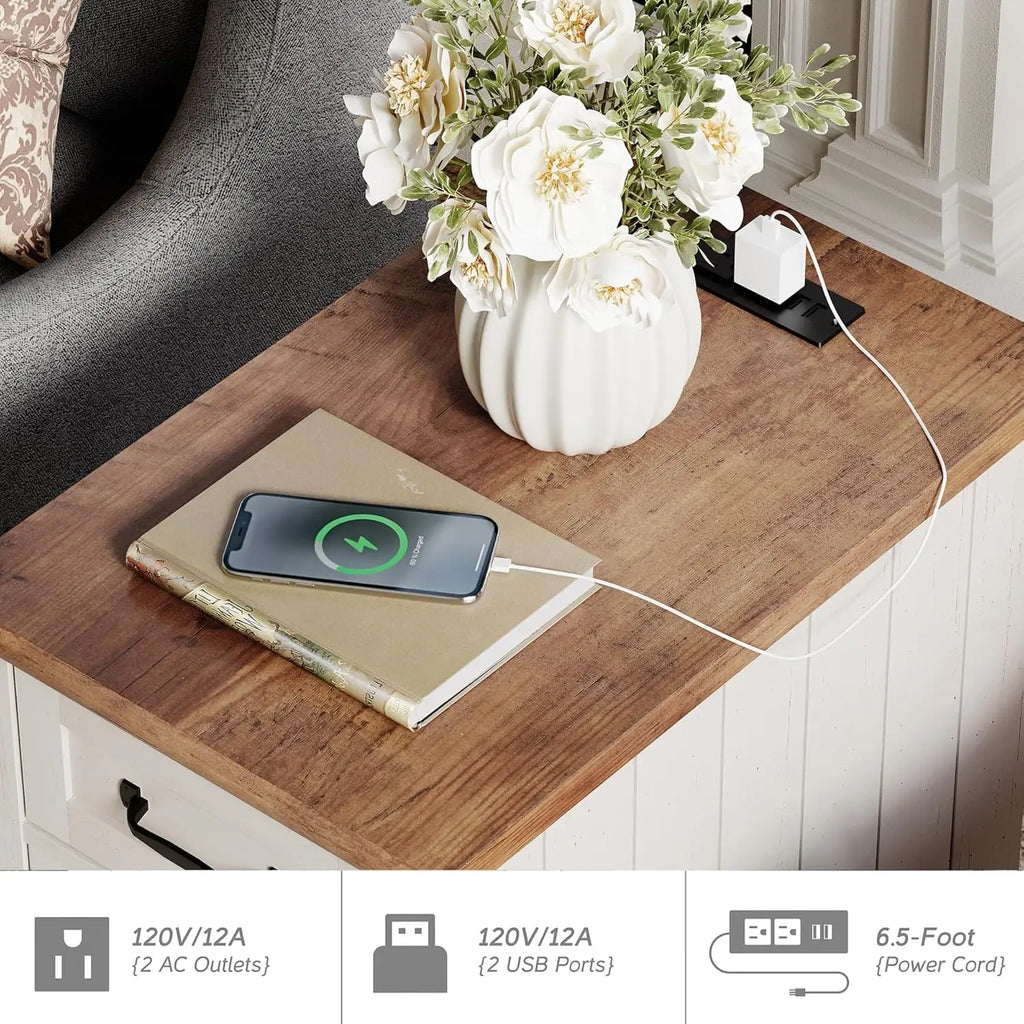 End Table with Charging Station, White Side Table with Storage Cabinet and Drawer, Wood Nightstand with Power Outlets & USB Port