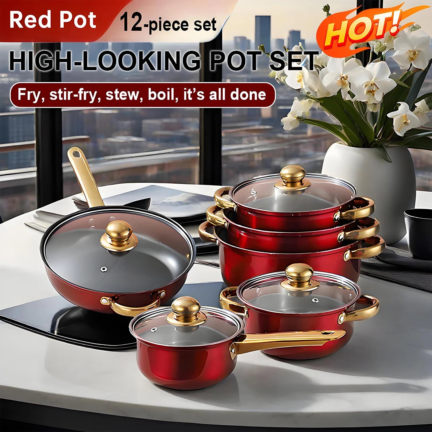 Red Stainless Steel, Non-Stick Kitchen Cookware
