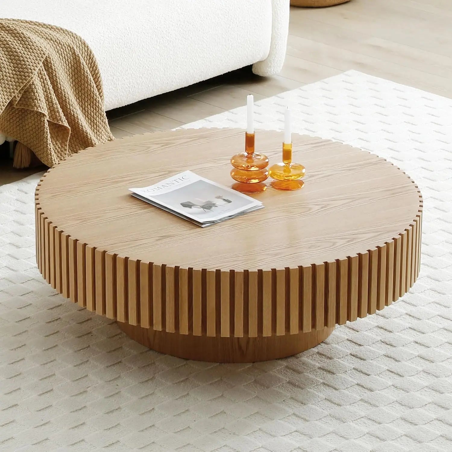 Walnut Round Coffee Table, Modern Luxury Wood Circle Drum Center Table for Living Room, Accent Side End Tea