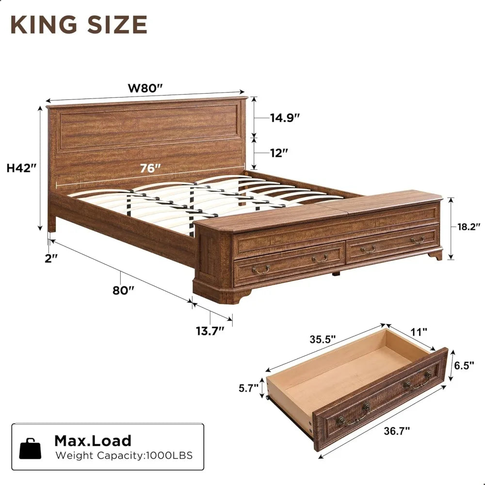 Rustic Wood King Bed with Storage Bench and 4 Large Drawers, Dark Brown Farmhouse Platform Bed