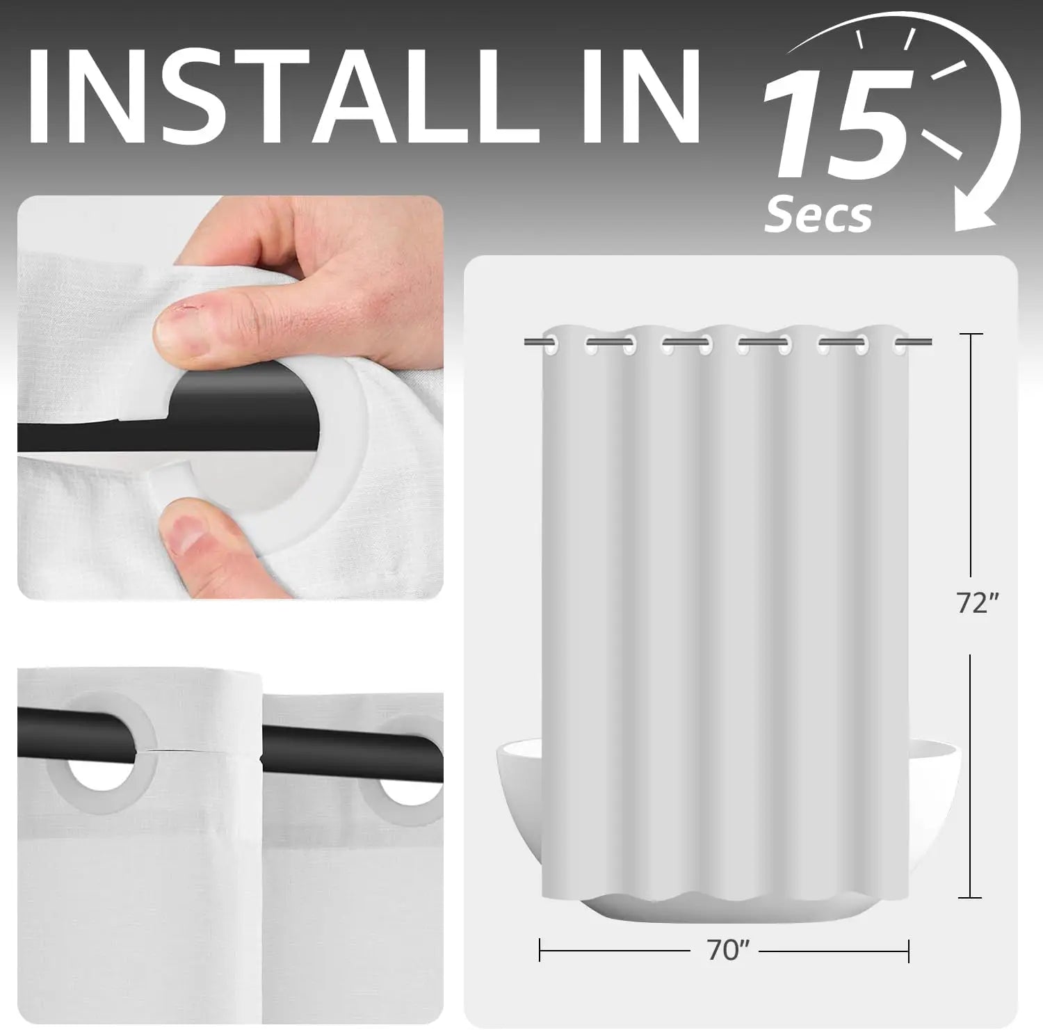 Hookless Shower Curtain Black White Striped Waterproof Fabric Bathroom Hotel Spa Modern Elegant No Hook 70x72 Inches