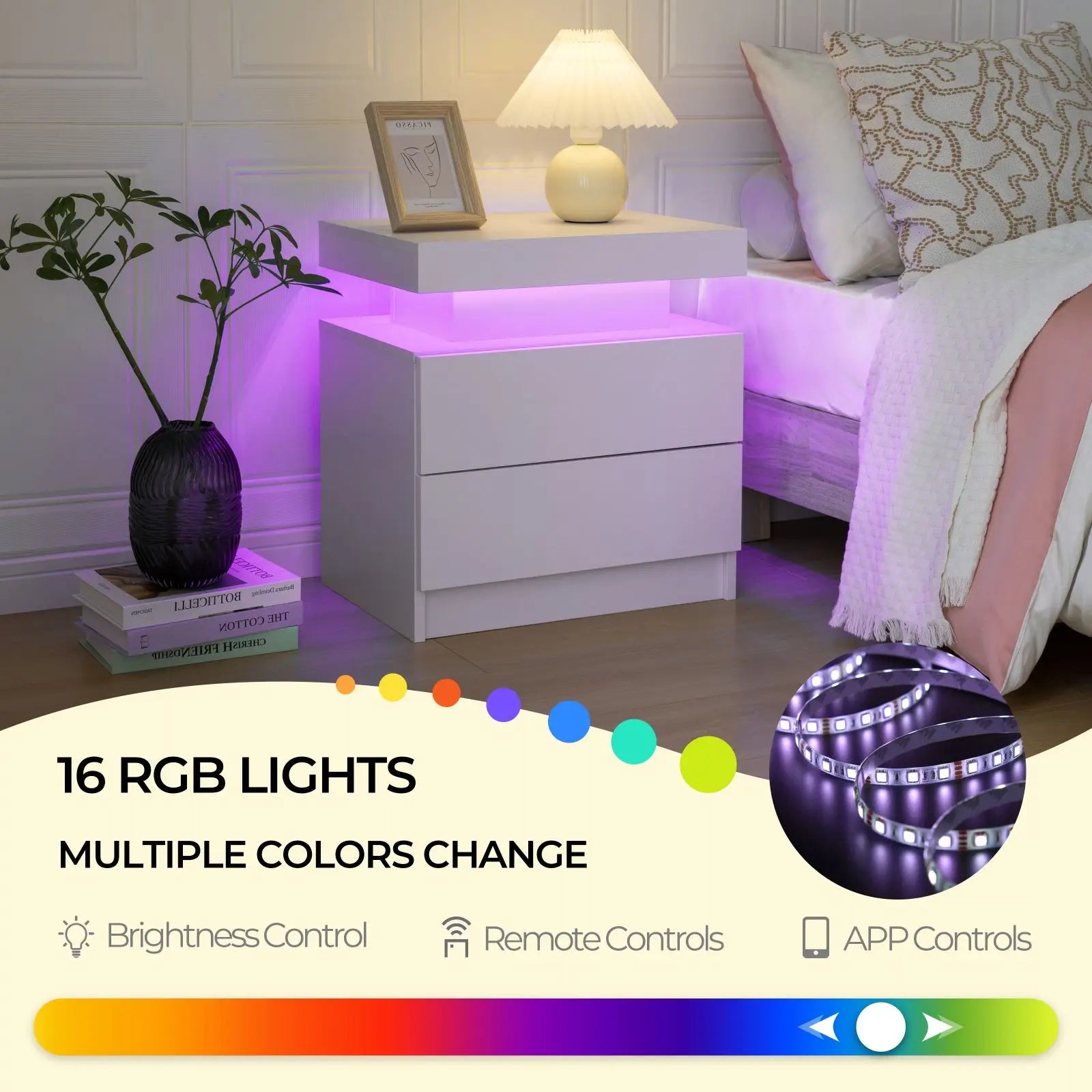 Cubehom LED Nightstands with 2 Drawers, End Table with RGB LED Lights for Bedroom Living Room