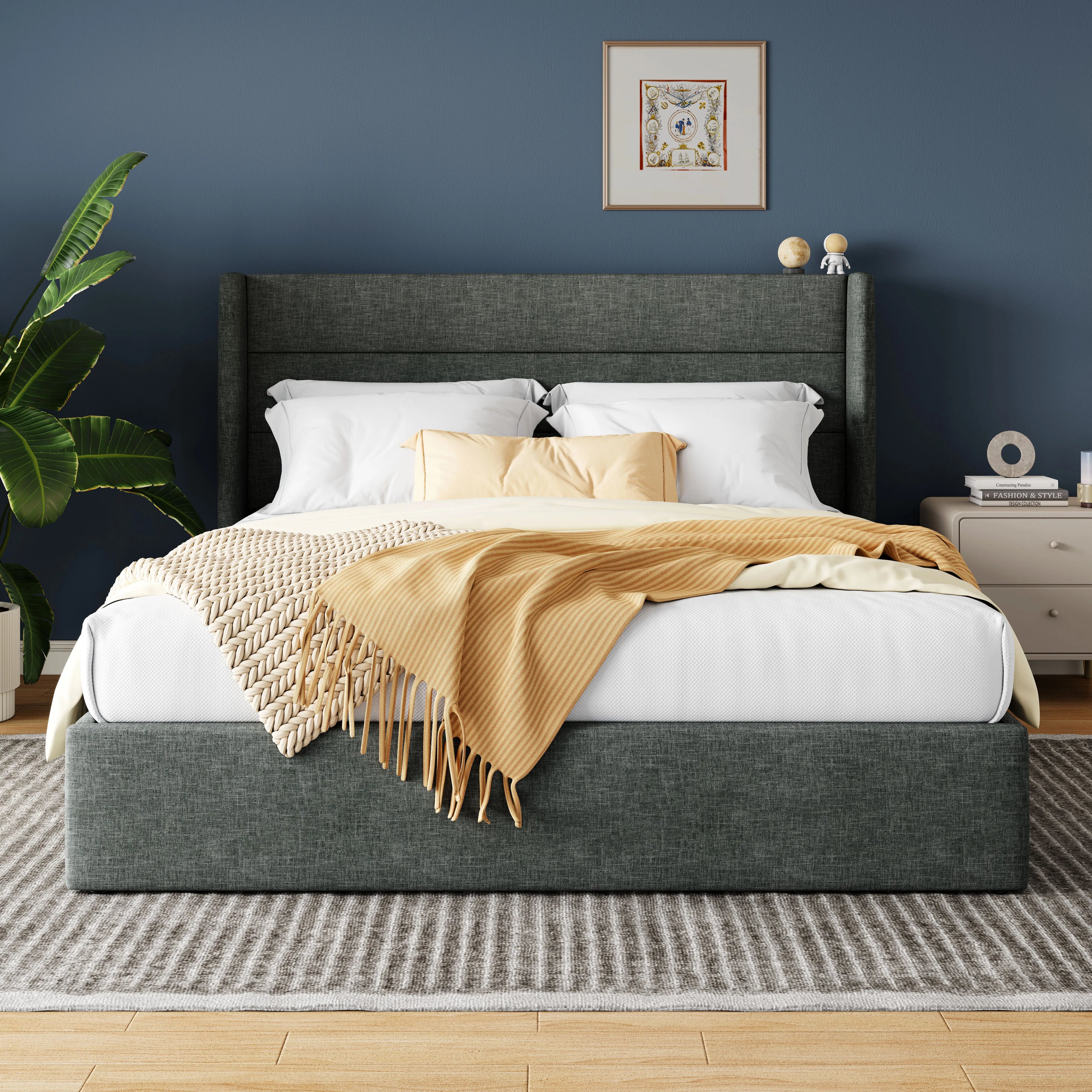 Lift Up Storage Bed with Wingback Headboard Large Underneath Storage