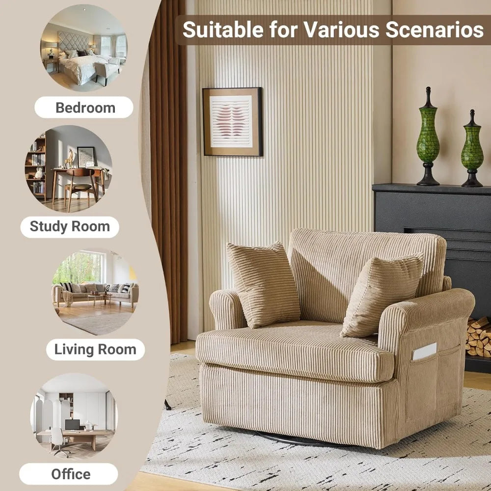 Swivel Oversized Seat Armchair W/2 Pillows and 4 Pockets