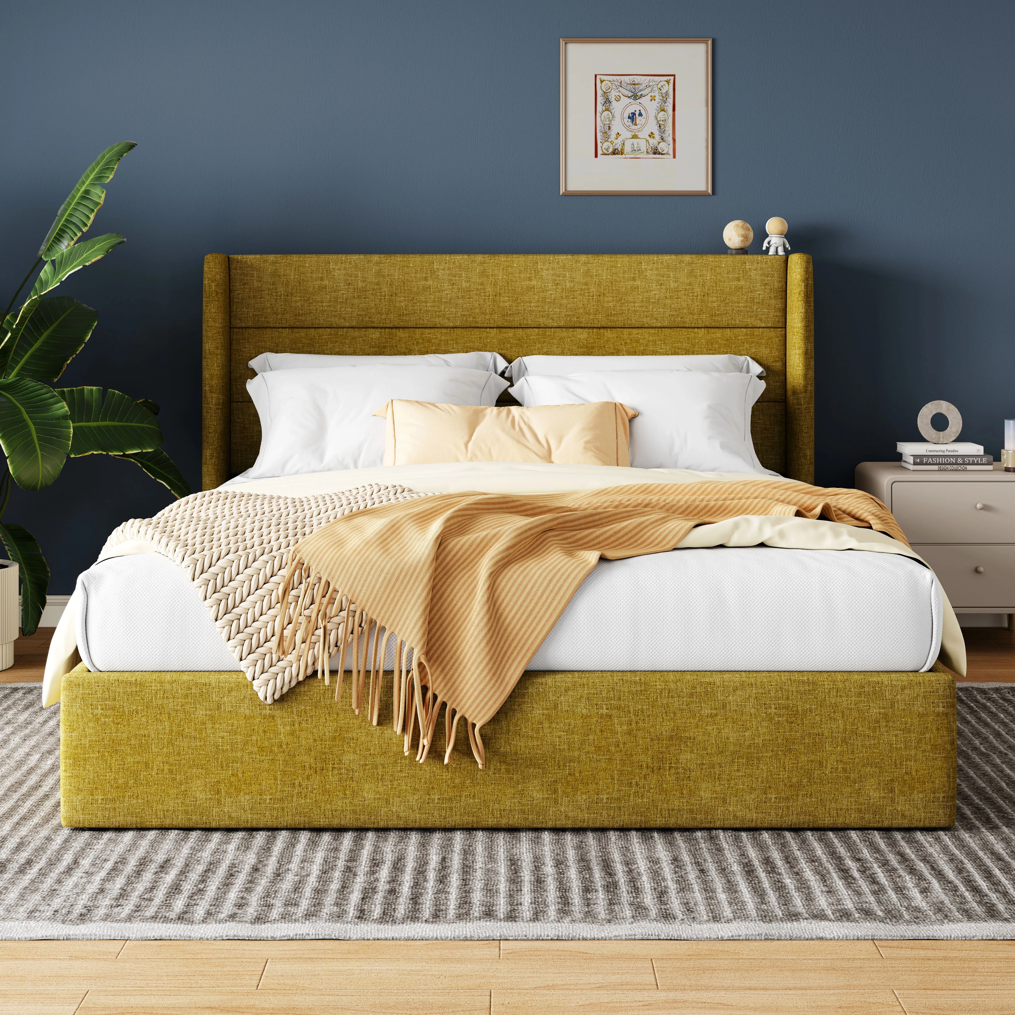 Lift Up Storage Bed with Wingback Headboard Large Underneath Storage