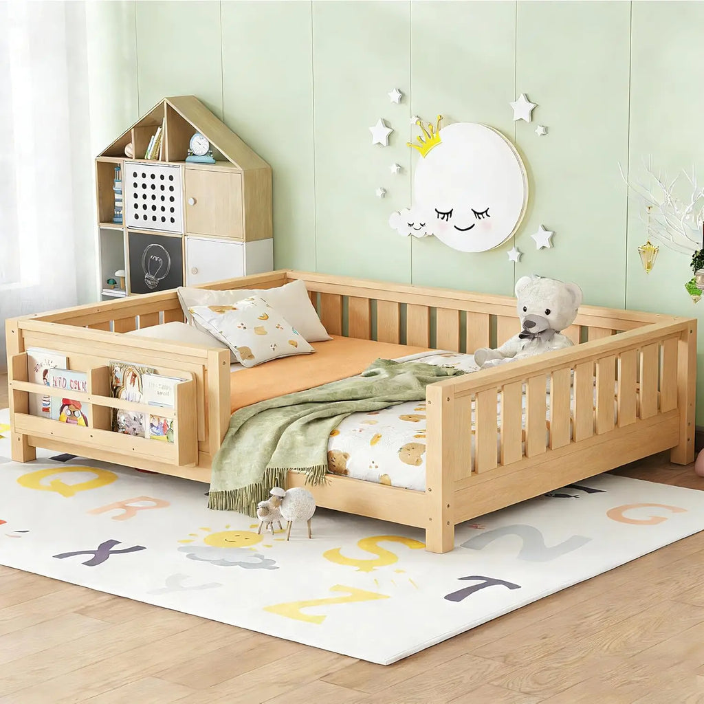 Full Size Kids Montessori Bed Frame with Stairs Bookshelf Drawers Storage Low Profile, Customized