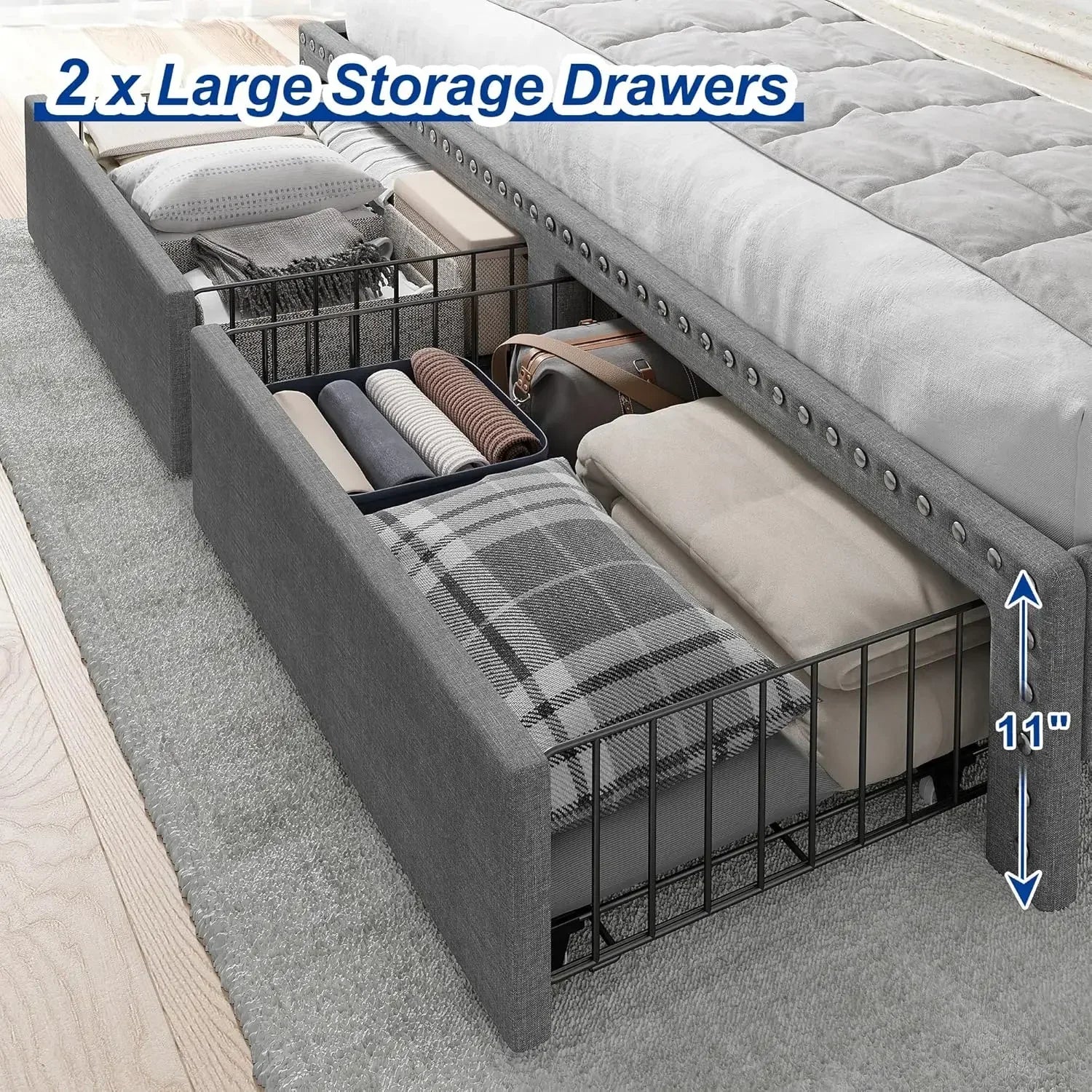 King Size Bed Frame, Upholstered King Bed Frame with 2 Storage Drawers