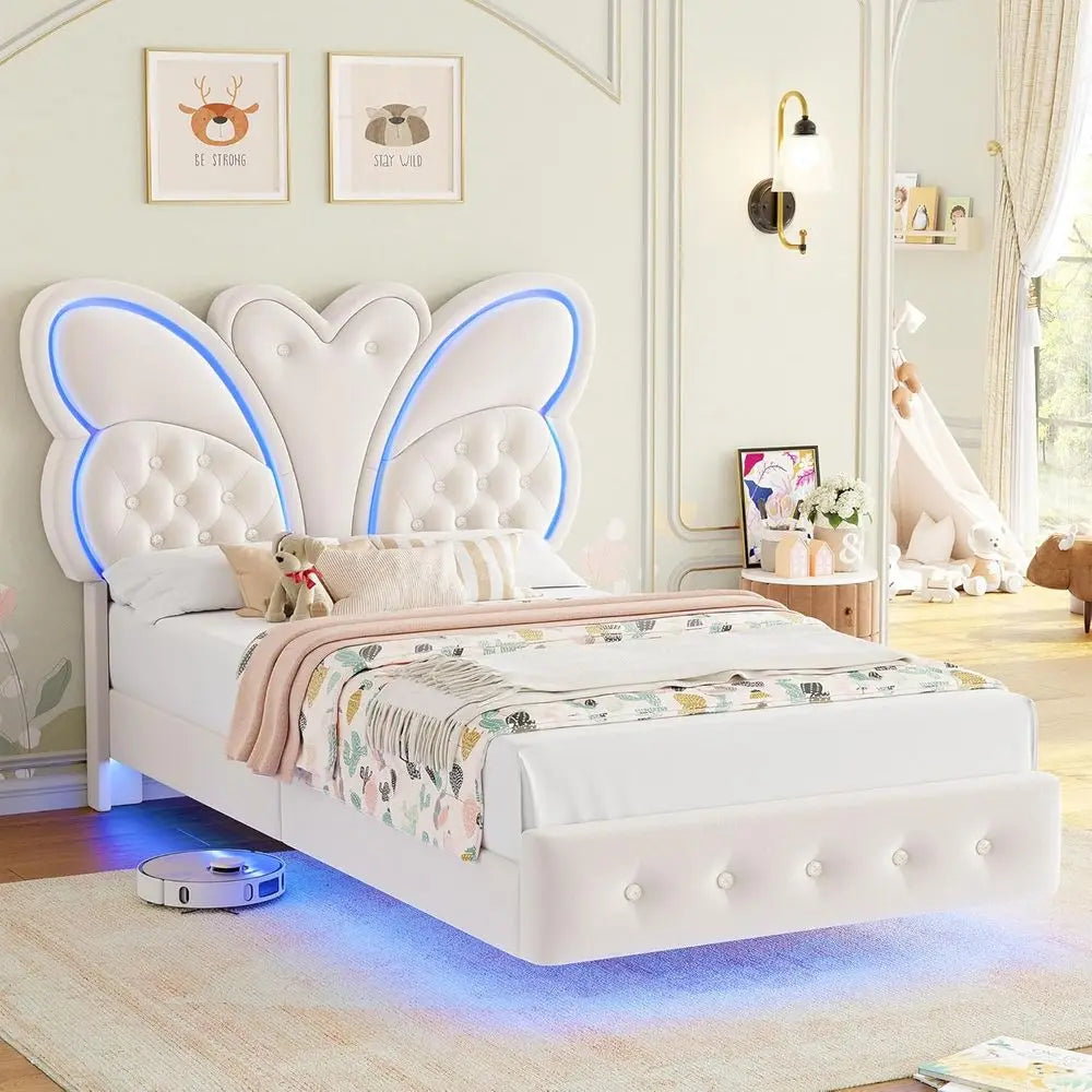 Modern Butterfly-Pattern Twin Bed Frame with LED Lights, Button Tufted Upholstered Headboard and Footboard, Slat Support