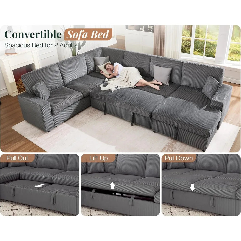130 Sofa Bed, Sleeper Sofa, Pull Out Sleeper Couch with Storage, Convertible 6-Seater Sofa Bed for Living Room, Cordur