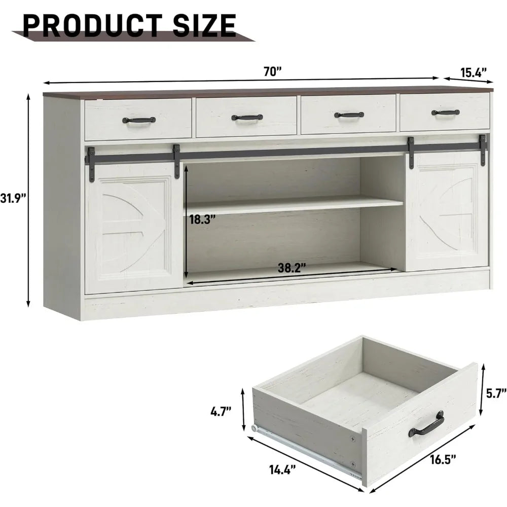 Large 70 Farmhouse Style Buffet Cabinet with Sliding Doors, 4 Drawers, and Coffee Bar Feature