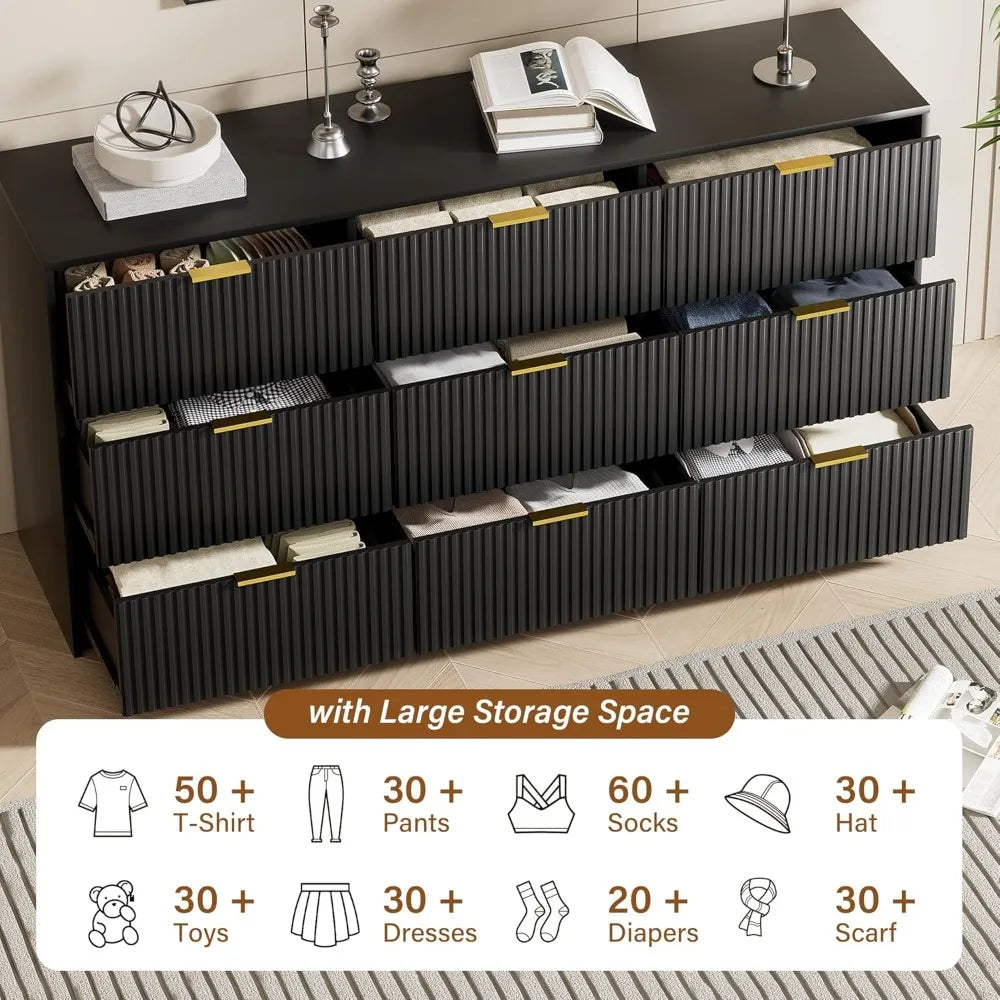 Modern Black Dresser with 9 Drawers, Golden Handles, Smooth Slides for Bedroom Living Room Storage