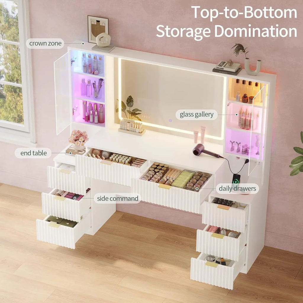 59.1" Fluted Wood Makeup Vanity Desk with Mirror and Sound Sync LED Lights