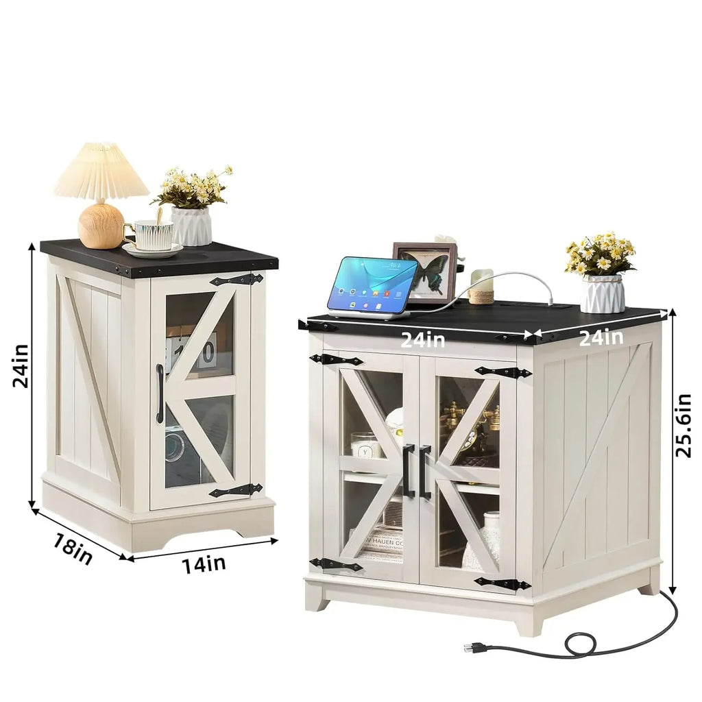 Farmhouse End Table Set 3, Narrow 18'' Night Stand with Glass Barn Door, 24" Square Side Table with Charger, Customized