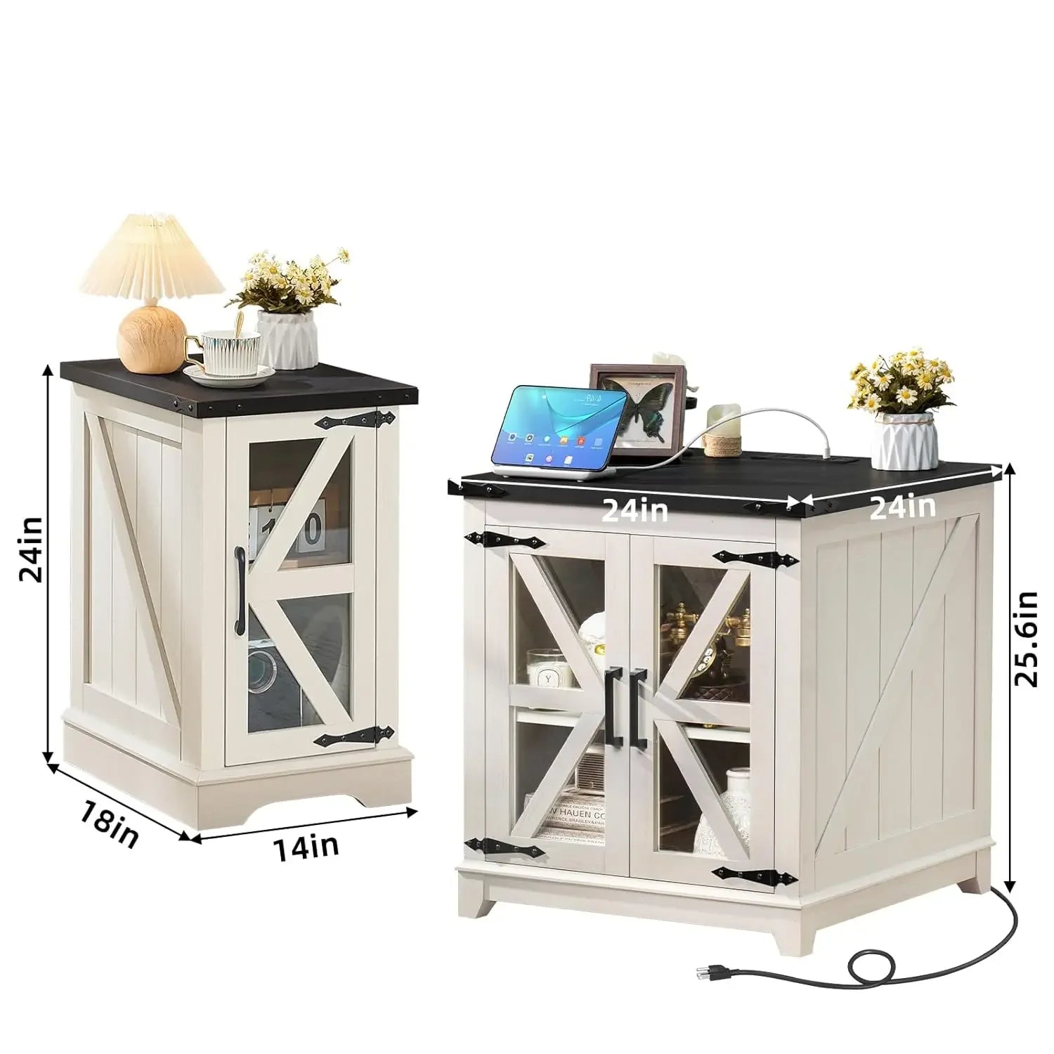 Farmhouse End Table Set 3, Narrow 18'' Night Stand with Glass Barn Door, 24" Square Side Table with Charger, Customized