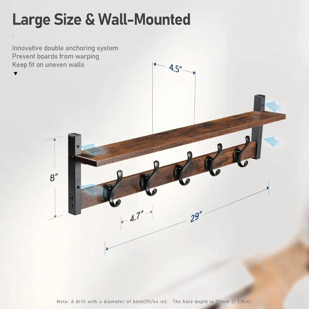 29' Rustic Coat Rack Wall Mount with Shelf, Entryway Wall Hooks with Shelf, Coat Hangers for Bathroom, Living Room, Bedroom