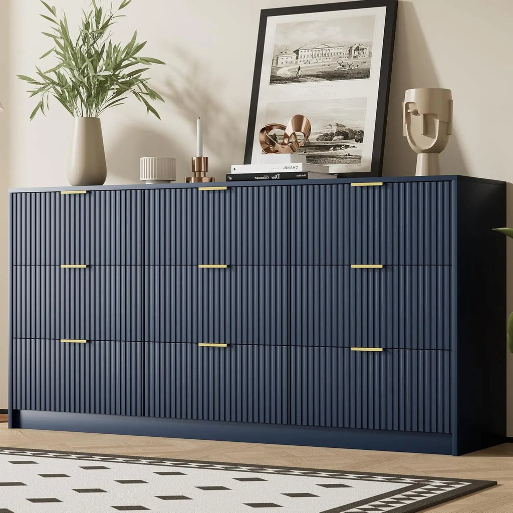 Modern Black Dresser with 9 Drawers, Golden Handles, Smooth Slides for Bedroom Living Room Storage