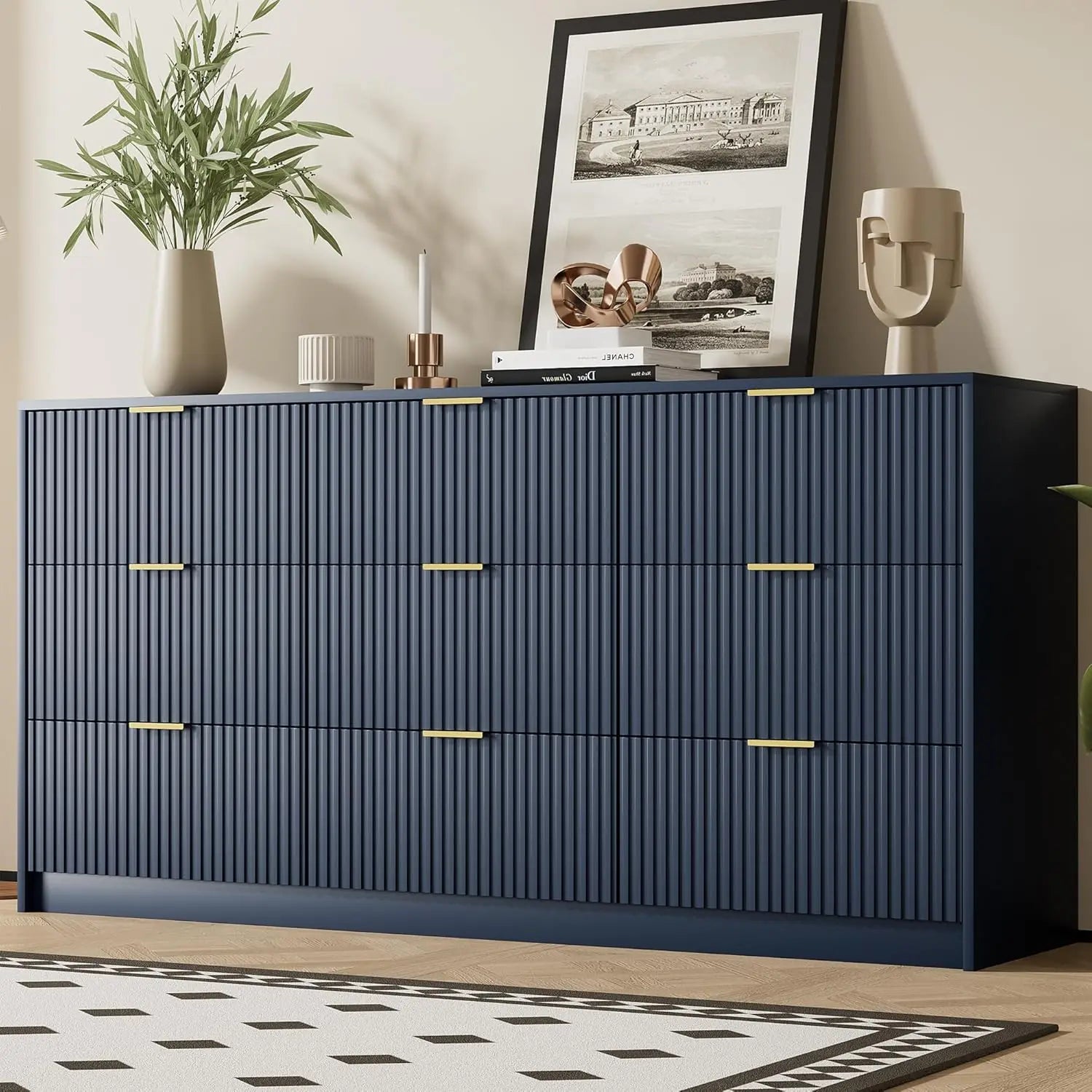 Modern Black Dresser with 9 Drawers, Golden Handles, Smooth Slides for Bedroom Living Room Storage