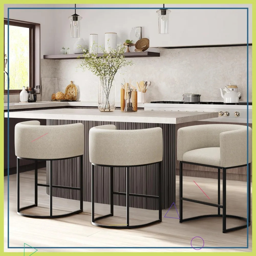 3-Piece Counter Height Bar Stools Set, 24 Inch Fabric Upholstered Kitchen Island Chairs with Metal Legs, Beige