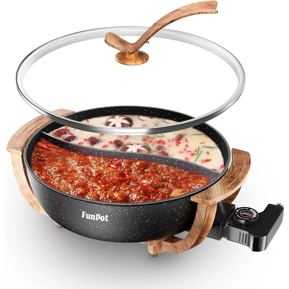 Multi-Temp Electric Hot Pot with Dual Dividers, Family-Size Non-Stick Pot for