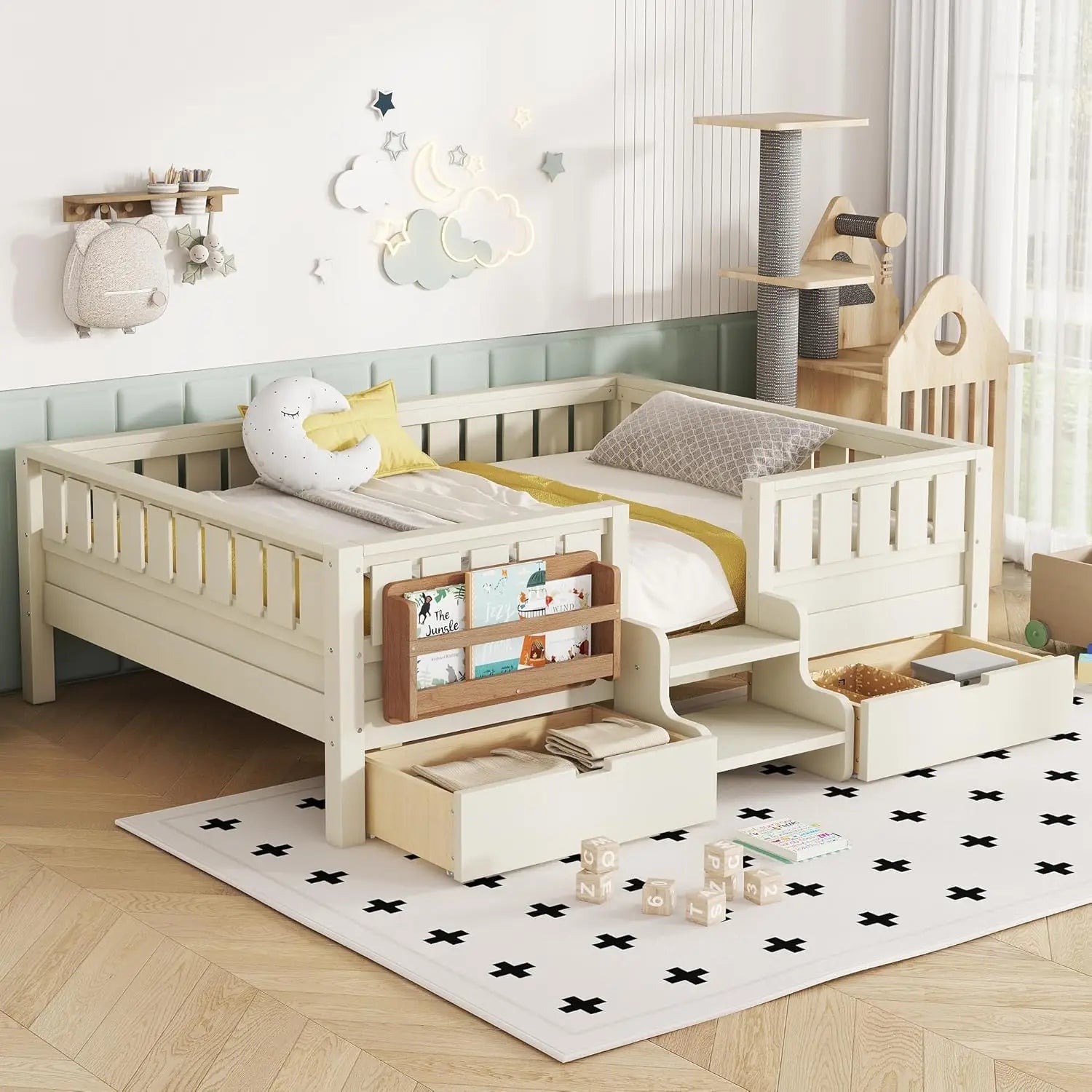 Full Size Kids Montessori Bed Frame with Stairs Bookshelf Drawers Storage Low Profile, Customized