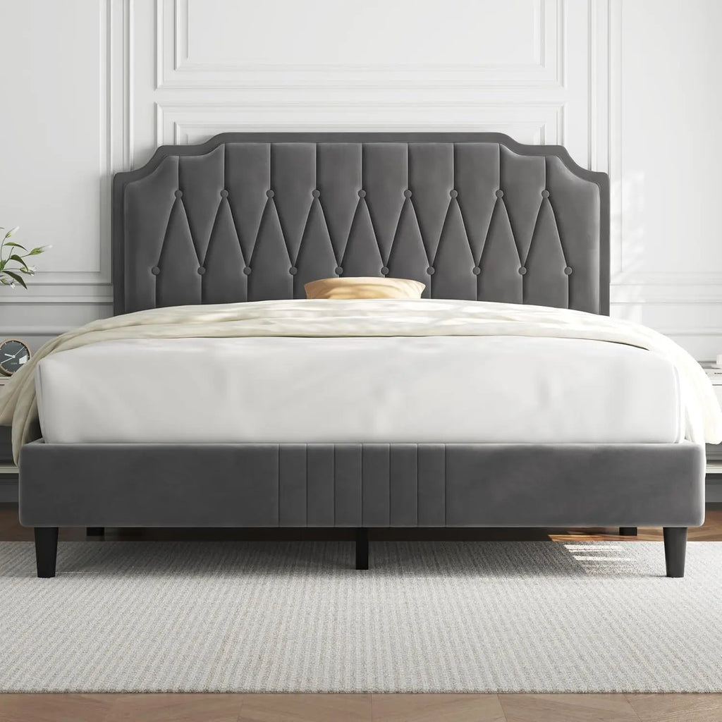Queen Bed Frame Velvet Upholstered Platform Bed with Curved Headboard