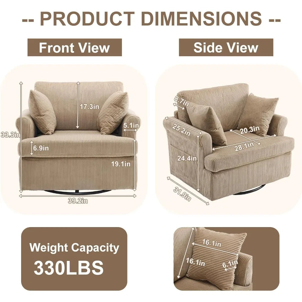 Swivel Oversized Seat Armchair W/2 Pillows and 4 Pockets