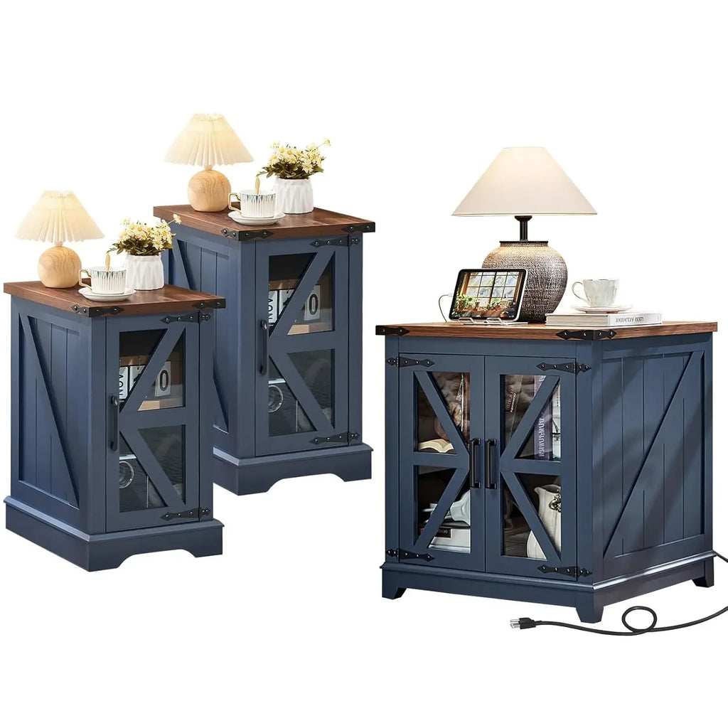 Farmhouse End Table Set 3, Narrow 18'' Night Stand with Glass Barn Door, 24" Square Side Table with Charger, Customized