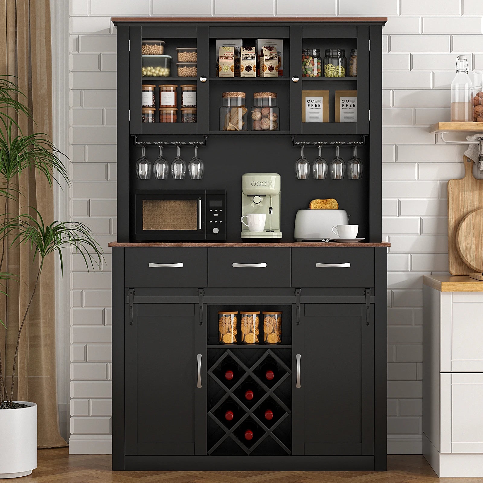 72" Tall Farmhouse Bar Cabinet with Sliding Barn Doors, & Wine & Glass Racks