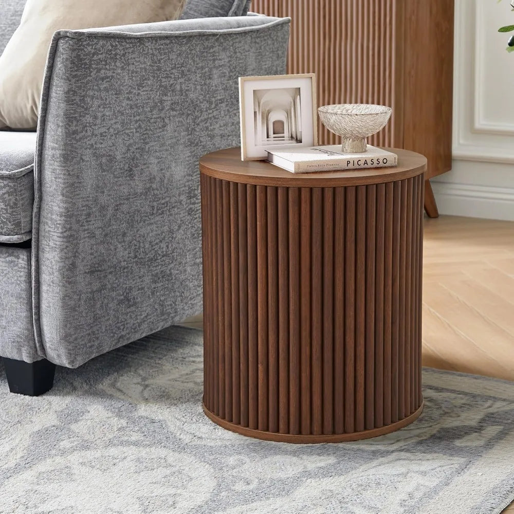 Fluted Side Table Set of 2, 15.7 Mid-Century Modern End Table with Storage, Wooden Bedside Table Round Nightstand Small Ci