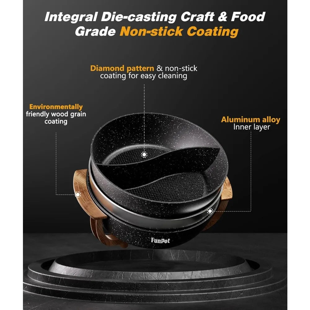 Multi-Temp Electric Hot Pot with Dual Dividers, Family-Size Non-Stick Pot for