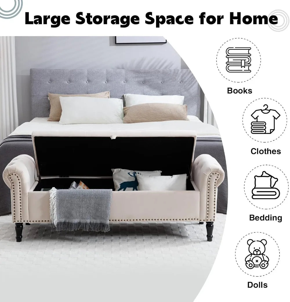 67'' Velvet Storage Bench for King Size Bed, Upholstered Tufted Ottoman with Arms for Bedroom, Living Room, Entryway in Beige