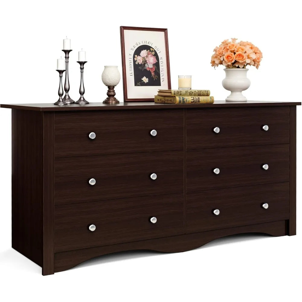 JUMMICO Dresser for Bedroom, 6 Wood Dresser Drawers, Wide Chest of Drawers, Storage Tower Unit Modern Design Bedroom Living Room