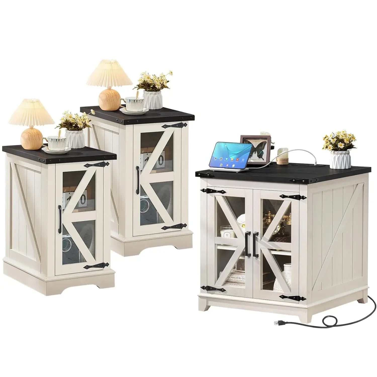 Farmhouse End Table Set 3, Narrow 18'' Night Stand with Glass Barn Door, 24" Square Side Table with Charger, Customized