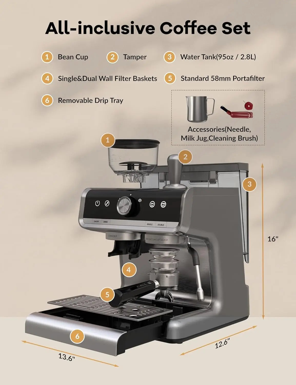 1450W Semi Automatic Espresso Maker with Grinder for Latte Cappuccino