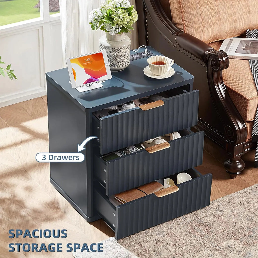 23" Wide Fluted Night Stand with Charging Station, 3 Drawers