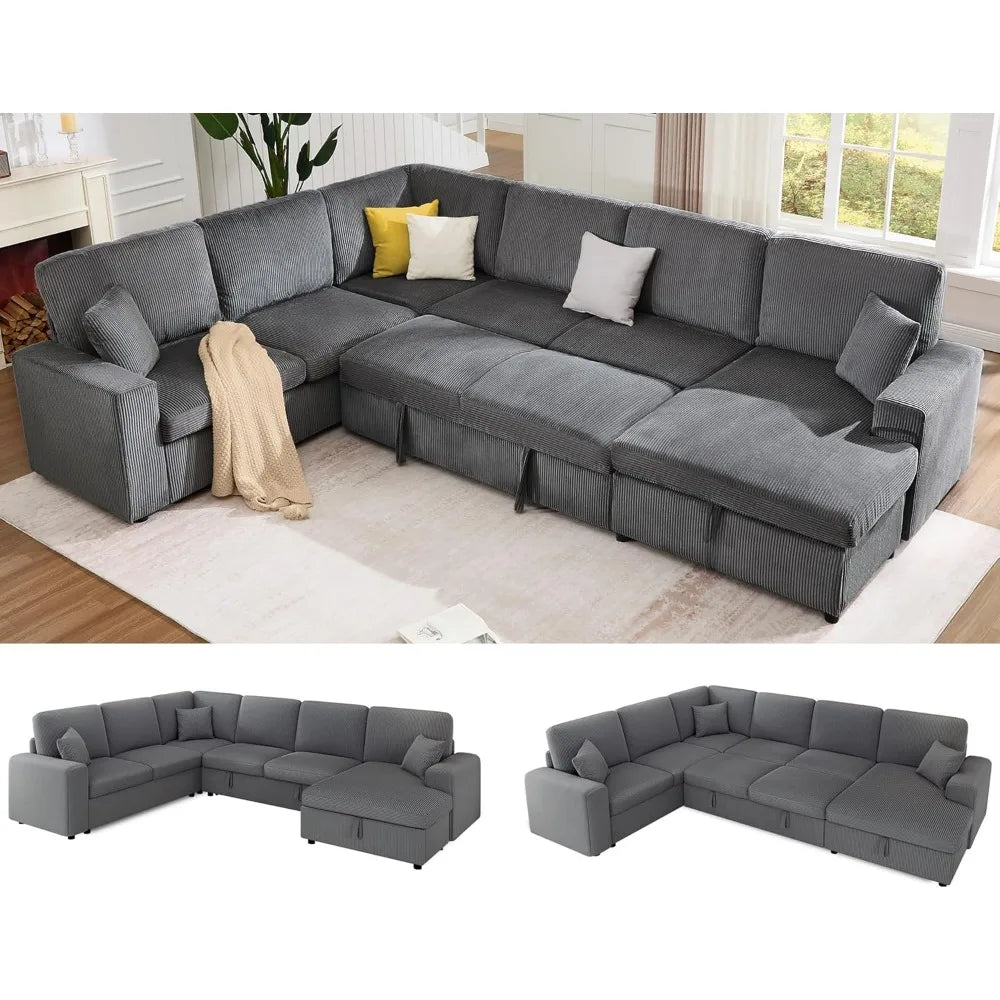 130 Sofa Bed, Sleeper Sofa, Pull Out Sleeper Couch with Storage, Convertible 6-Seater Sofa Bed for Living Room, Cordur
