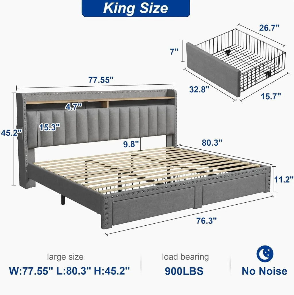 King Size Bed Frame, Upholstered King Bed Frame with 2 Storage Drawers